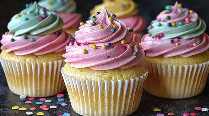 Easter Themed Colorful Cupcakes with Vibrant Frosting and Confetti on Dark Background for Festive Celebration
