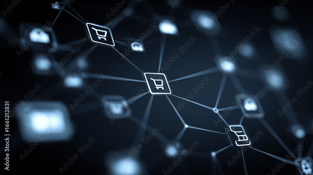 Poster futuristic network connecting online shopping services, highlighting the interconnected nature of e-