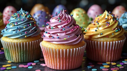 Easter Themed Colorful Cupcakes with Vibrant Frosting and Confetti on Dark Background for Festive Celebration