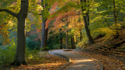 Naklejka premium Winding Pathway Through a Vibrant Autumn Forest