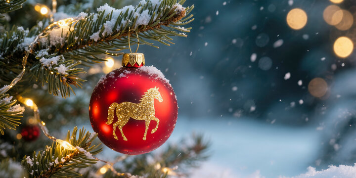 Festive red bauble with golden horse hangs on snow-covered christmas tree branch - Powered by Adobe