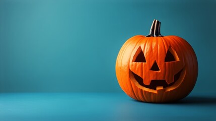 Brightly Lit Carved Pumpkin Placed on a Teal Background for Halloween Celebration.