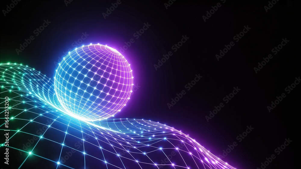 Poster illuminated sphere: a luminous sphere composed of interconnected points elegantly rests upon a flowi