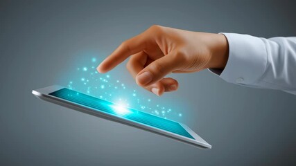 Hand reaches for glowing interface on tablet screen, demonstrating interaction with technology. Neutral grey background enhances focus on digital elements - Powered by Adobe