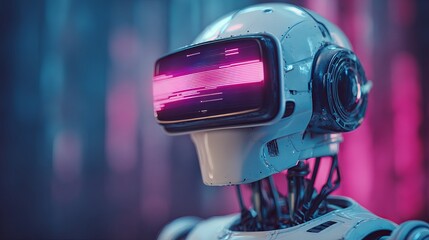 Advanced cyborg robot with glowing digital display on futuristic neon city background