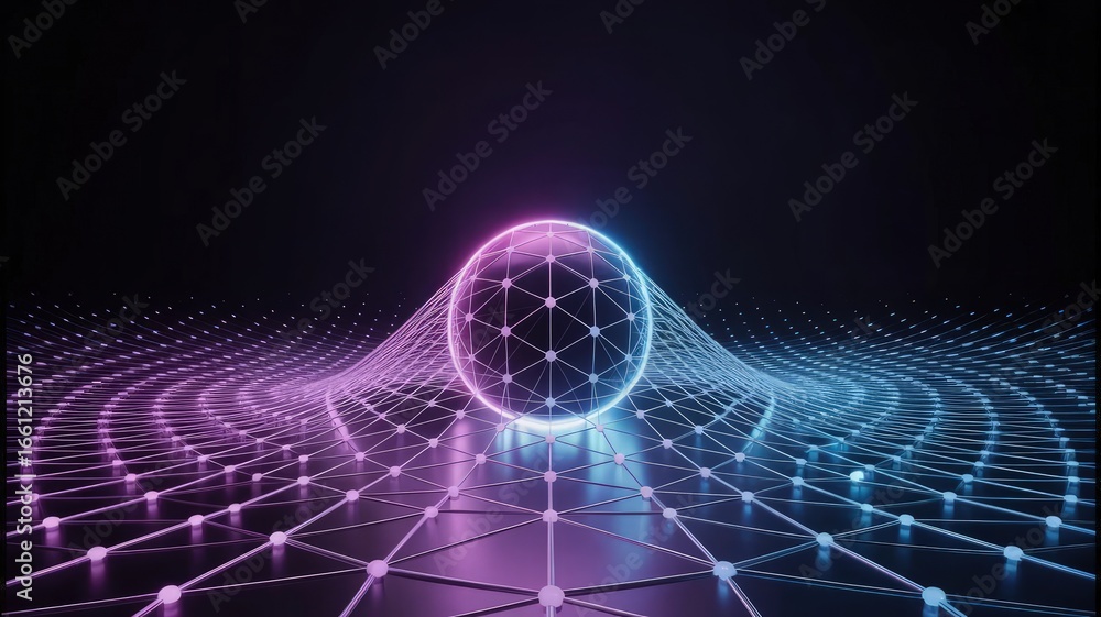 Poster neon sphere network: a mesmerizing sphere of interconnected nodes glows with vibrant neon pink and b