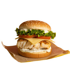 Delicious fish burger with lettuce, tomato, cheese, and sauce on a sesame seed bun. background removed