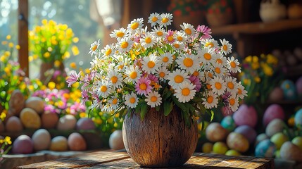 Easter Themed Rustic Style Table Setting with Flowers in a Springtime Atmosphere Top View