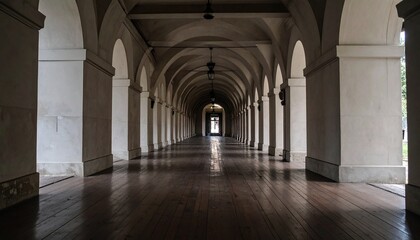 Obraz premium Ancient gothic stone arches and columns in the corridor of a European church interior