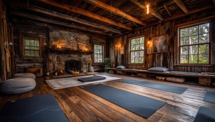 Rustic yoga studio interior with fireplace, mats, and wooden walls, serene atmosphere