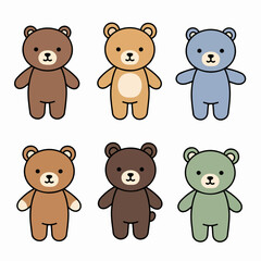 Cute Cartoon Bear Characters Collection: Adorable Isolated Teddy Bears in Various Colors for Children's Designs, Icons, and Nursery Decor