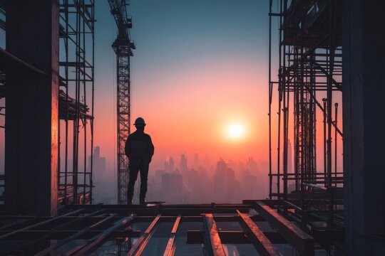 A structural engineer inspecting steel frameworks at a construction site. A city skyline rises in the distance. The mood feels bold and industrious, Generative AI - Powered by Adobe