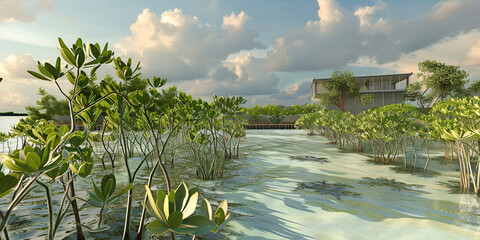 Tropical Mangrove Forest with Coastal House and Scenic Water Landscape