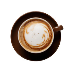 Top view of a brown cup of coffee with latte art on a brown saucer against a transparent background. background removed