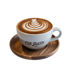 A cup of latte art coffee with a leaf design, served in a white cup on a wooden coaster. background removed