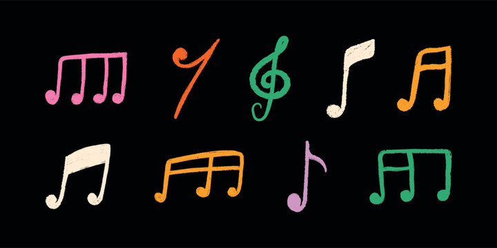 Hand drawn color musical note set with crayon texture. Doodle music Icons. Cartoon chalk elements, wax crayons shapes for school poster, disco, punk rock party, tattoo. Isolated children vector illust