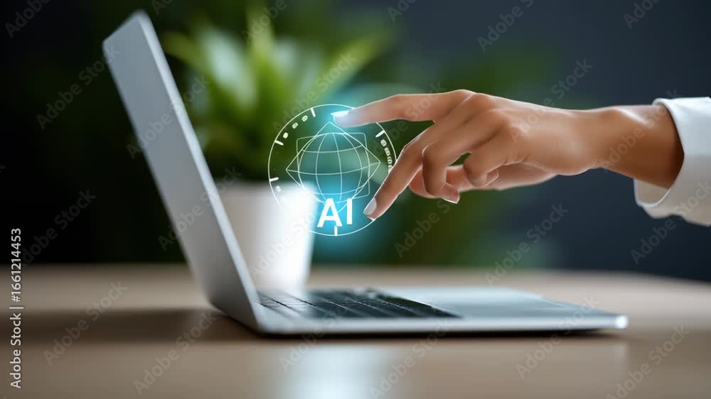 Aufkleber hand reaches for laptop displaying holographic image representing interaction with advanced technolo