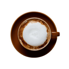Overhead view of a brown cup of cappuccino with a thick layer of frothy milk on a brown saucer against a transparent background. background removed