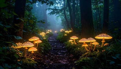 Fototapeta premium Glowing Mushrooms Lining Forest Path in Eerie Setting