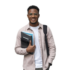 A smiling Black male student with glasses carries books and a backpack against a transparent background. background removed