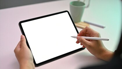 Person using a stylus pen to write on a blank tablet screen, creating digital content