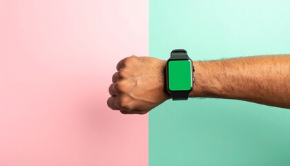 Close up of a man's wrist with a modern smartwatch featuring a blank green screen, perfect for mockups, on a stylish split-color background.