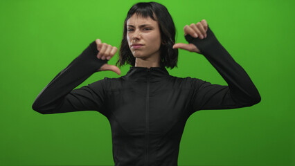 Young hispanic woman wearing black sportswear shows double thumbs down gesture in bright green...