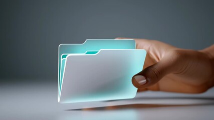 Hand approaches colorful file folder icon, promoting a sense of digital management. Modern office background adds to the professional vibe