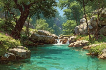 Naklejka premium and keyword list based on the imageClear stream cascades through lush greenery in peaceful rocky forest landscape.