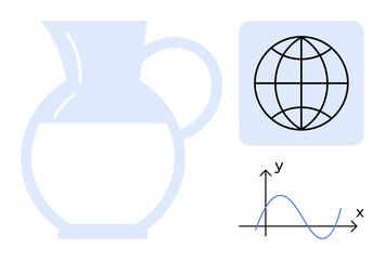 Transparent pitcher silhouette, globe outline in square, and sine wave graph on axes. Ideal for science, education, math, geometry, sustainability learning and global concepts. Simple flat metaphor