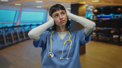 Woman nurse covering ears with hands in spacious indoor gymnasium by treadmills; sensory overload...