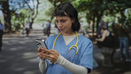 Woman nurse with stethoscope and smartphone gives thumbs up gesture on a green forest path; approval.