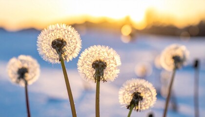 White fluffy dandelion seed flying against a blue sky in the wind over a green field of grass