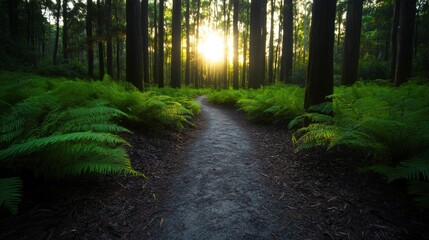 Obraz premium Sunlit forest path winding through tall trees and ferns