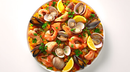Fototapeta premium Ultra Realistic Spanish Paella with Variety of Seafood, Vegetables, and Fresh Lemon Slices on a White Background