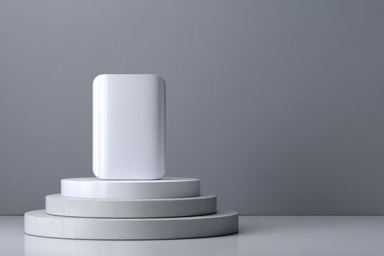 A white rectangular block sits atop tiered circular platforms against a grey background