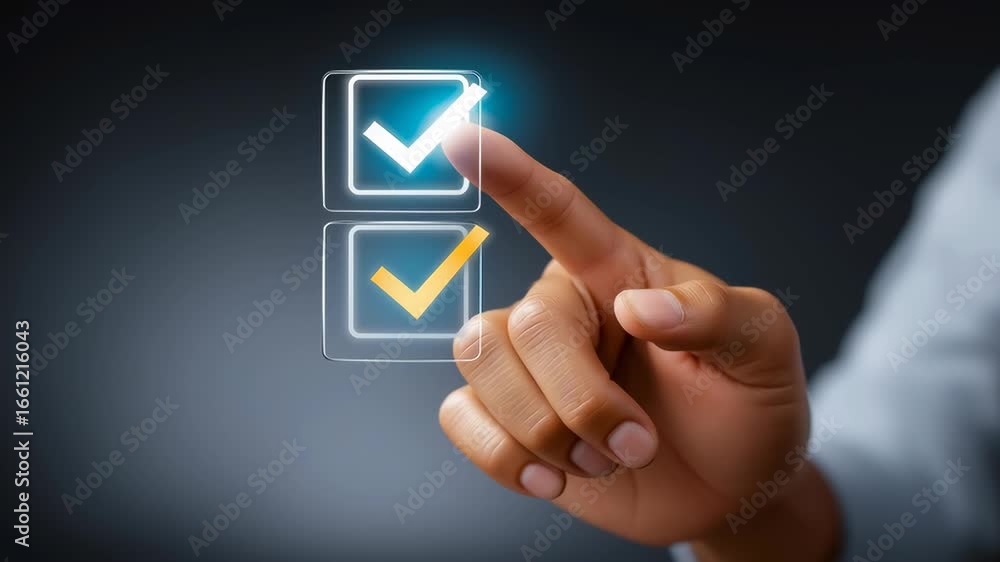 Poster hand interacting with digital checklist on screen with clear selections visible. dark background set