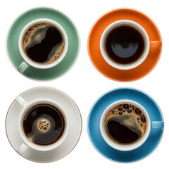 Overhead view of four cups of black coffee in different colored saucers. background removed