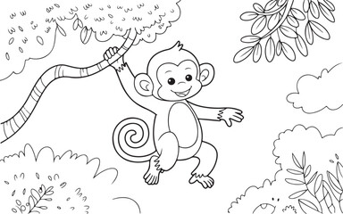 Cute Monkey Swinging from Tree in Jungle, Playful Hand-drawn Illustration