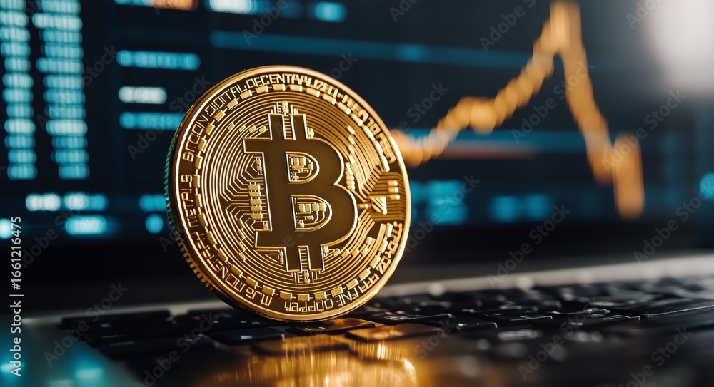 Aufkleber bitcoin coin on a laptop keyboard with market graph in the background during trading hours