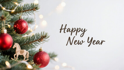 Festive christmas tree with red ornaments and happy new year message