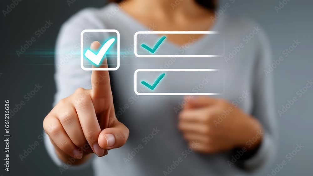 Poster hand touches digital checklist displaying completed items on a clean, simple interface. concept of p