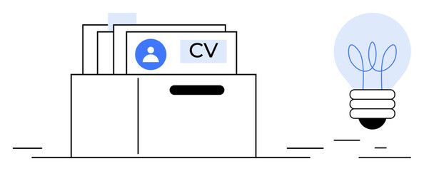 CVs organized in a filing box symbolizing job recruitment next to a light bulb representing innovation. Ideal for recruitment, hiring, HR, job applications, creativity, innovation, simple landing