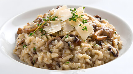 Creamy Mushroom Risotto Finished with Parmesan and Fresh Herbs on a White Plate