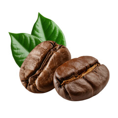 Two roasted coffee beans with green leaves, isolated on transparent background. background removed