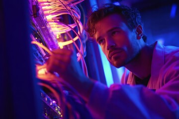 An IT technician adjusting cables in a glowing server room. Neon lights reflect off the equipment. The mood feels technical and precise, Generative AI