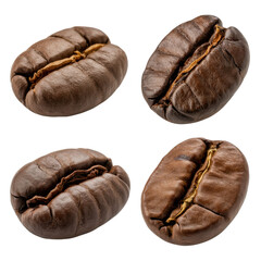 Close-up view of four roasted coffee beans, showcasing their rich brown color and texture. background removed