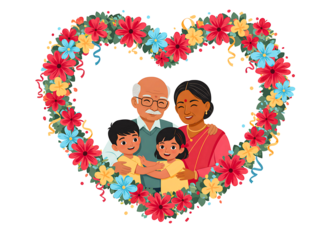 Happy multi generational family portrait within a floral heart frame isolated on transparent background