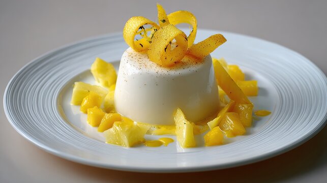 A creamy white dessert on a white plate, garnished with chopped yellow fruit & long, curled citrus strips
