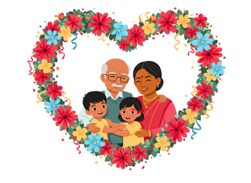 Happy multi generational family portrait within a floral heart frame isolated on transparent background